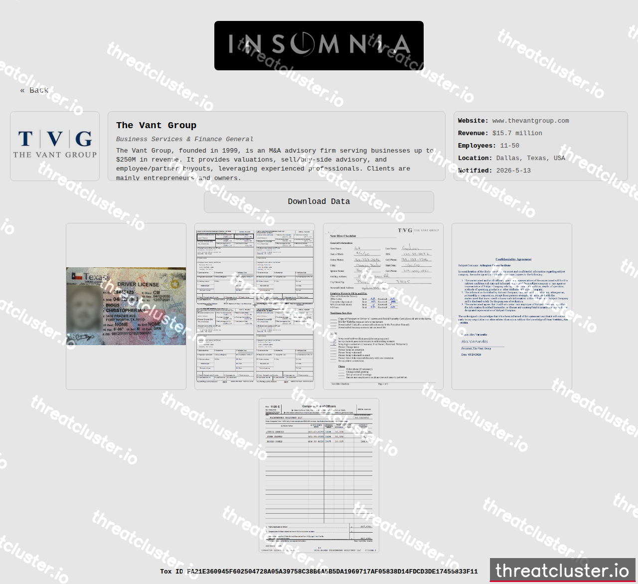 Leak-site post naming The Vant Group, captured by ThreatCluster