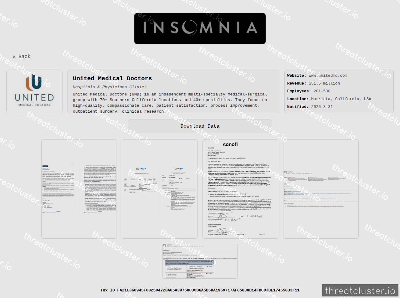 Leak-site post naming United Medical Doctors, captured by ThreatCluster