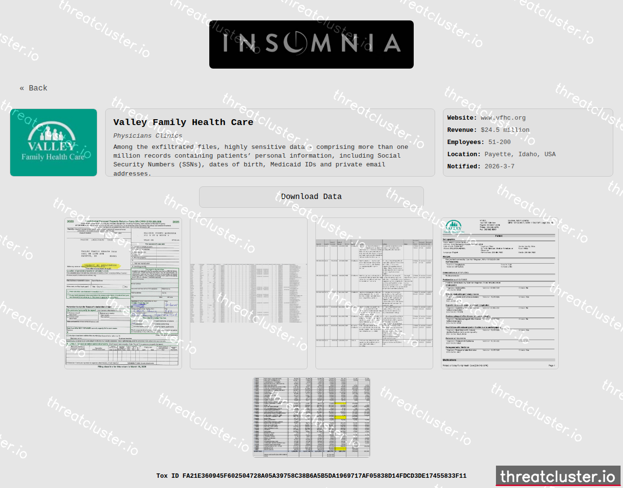Leak-site post naming Valley Family Health Care, captured by ThreatCluster
