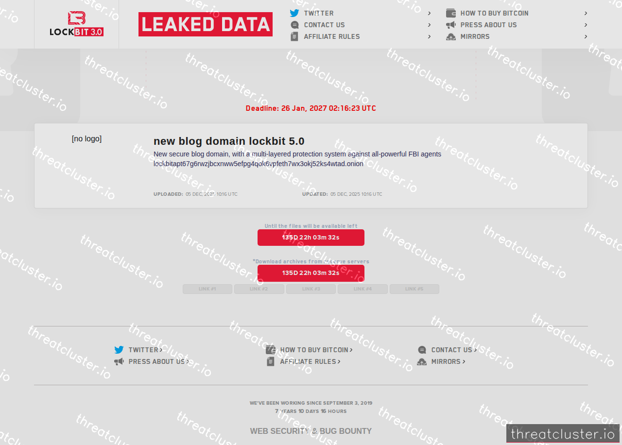 Leak-site post naming jackpotjunction.com, captured by ThreatCluster