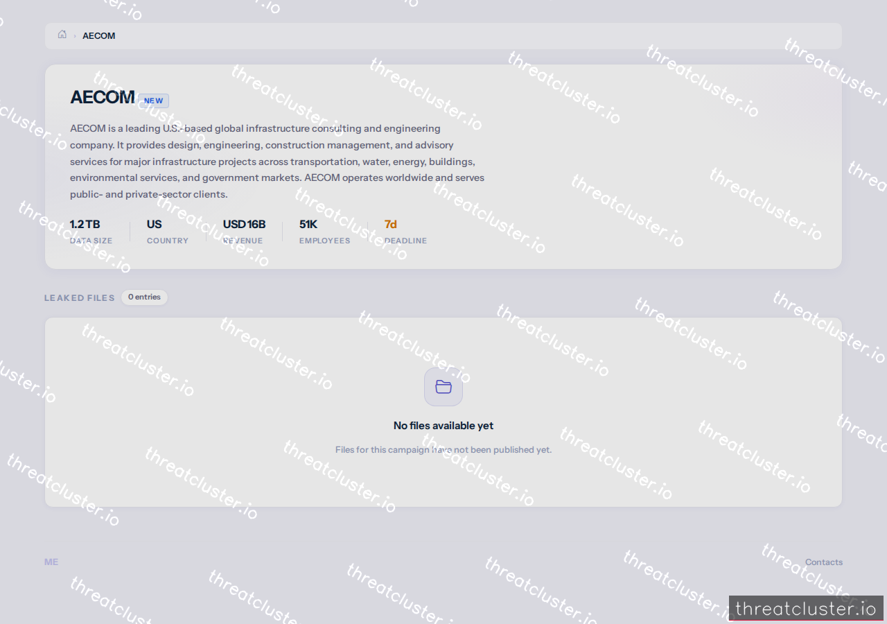 Leak-site post naming AECOM, captured by ThreatCluster