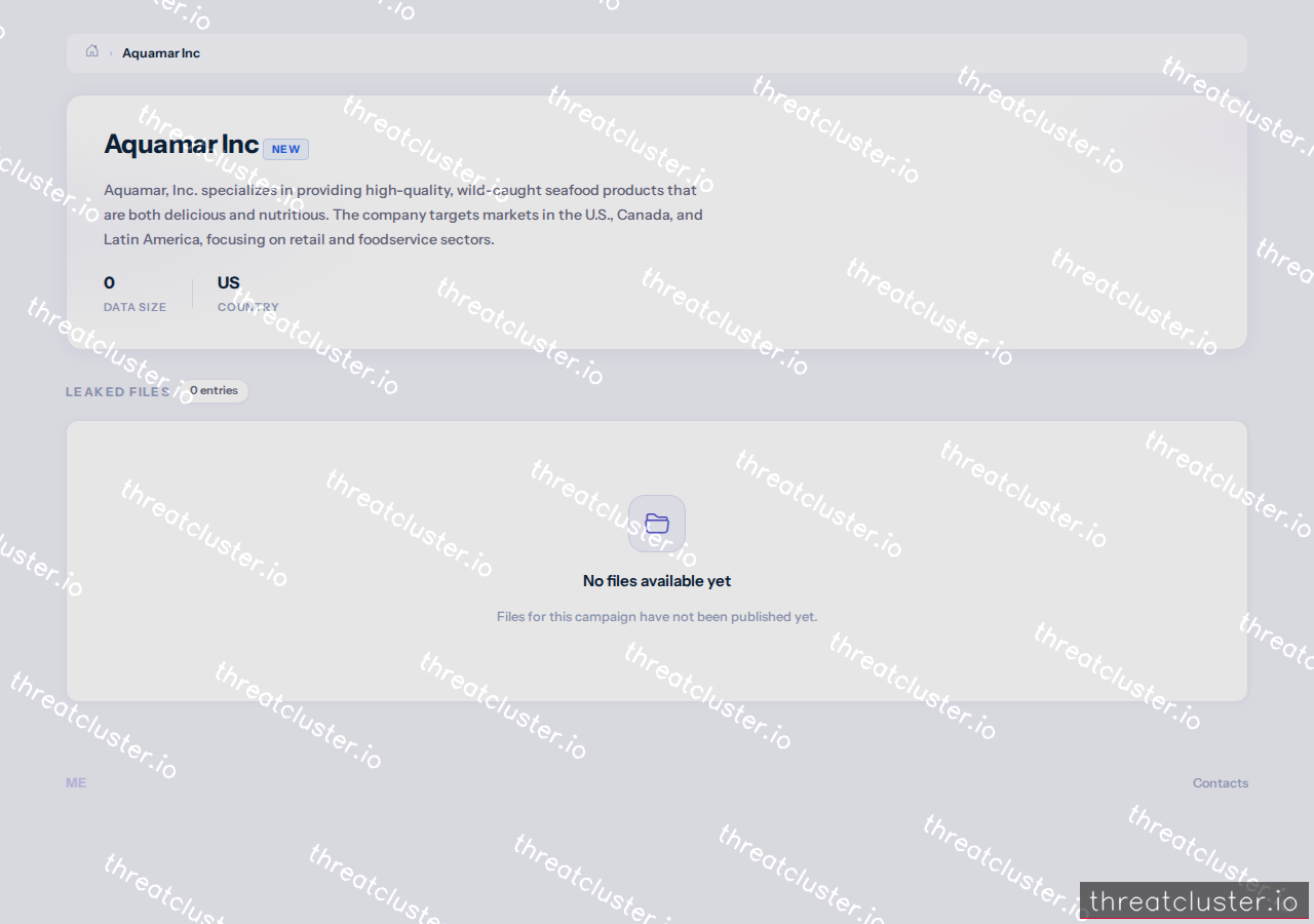 Leak-site post naming Aquamar Inc, captured by ThreatCluster