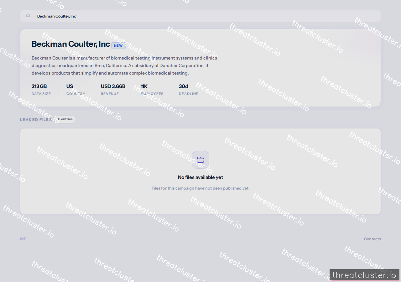 Leak-site post naming Beckman Coulter, Inc, captured by ThreatCluster