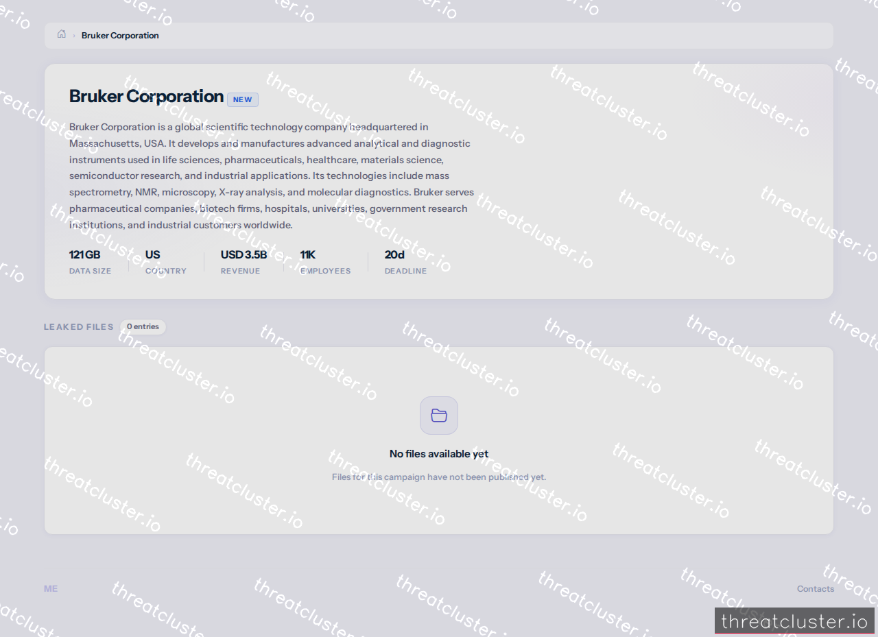 Leak-site post naming Bruker Corporation, captured by ThreatCluster