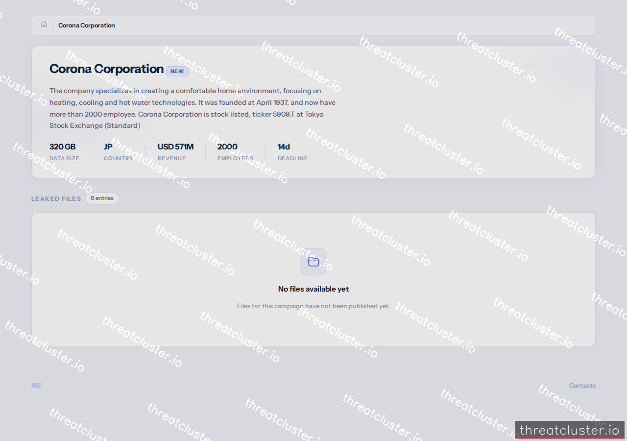 Leak-site post naming Corona Corporation, captured by ThreatCluster