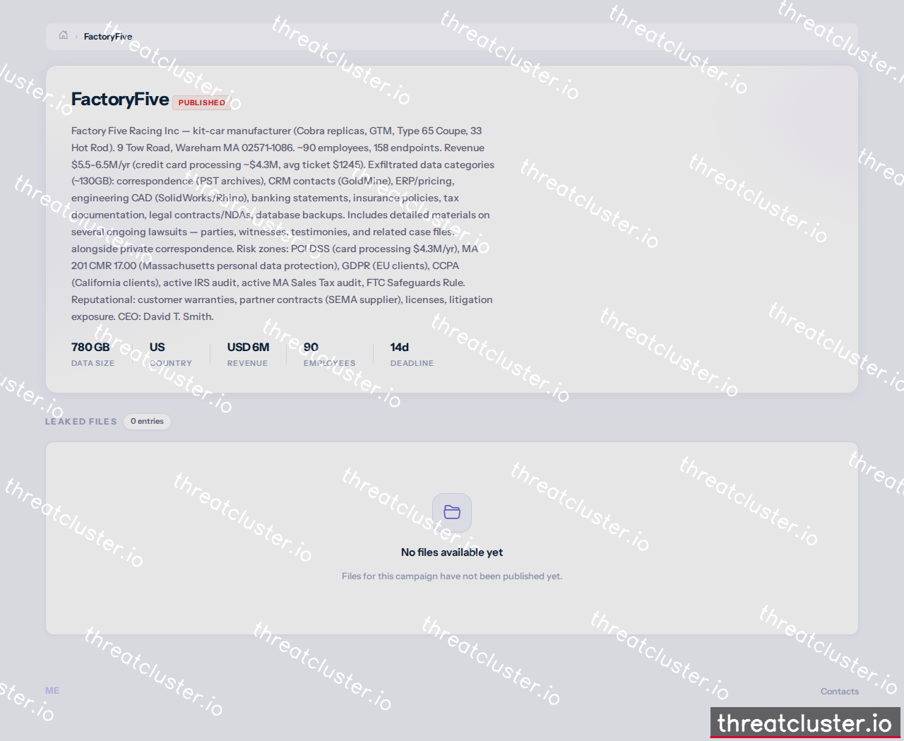 Leak-site post naming FactoryFive, captured by ThreatCluster