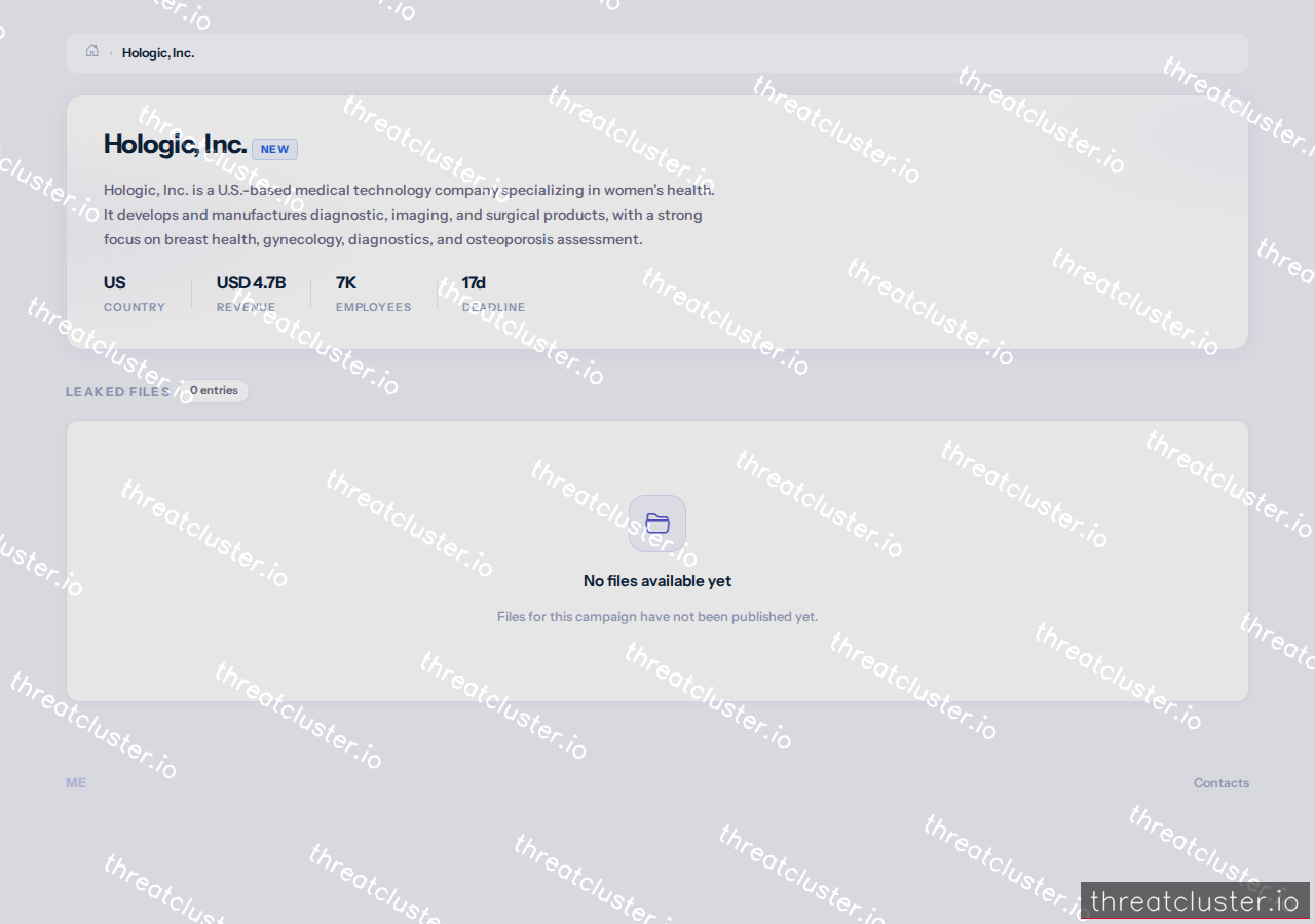 Leak-site post naming Hologic, Inc., captured by ThreatCluster