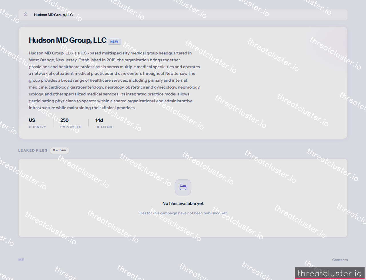 Leak-site post naming Hudson MD Group, LLC, captured by ThreatCluster