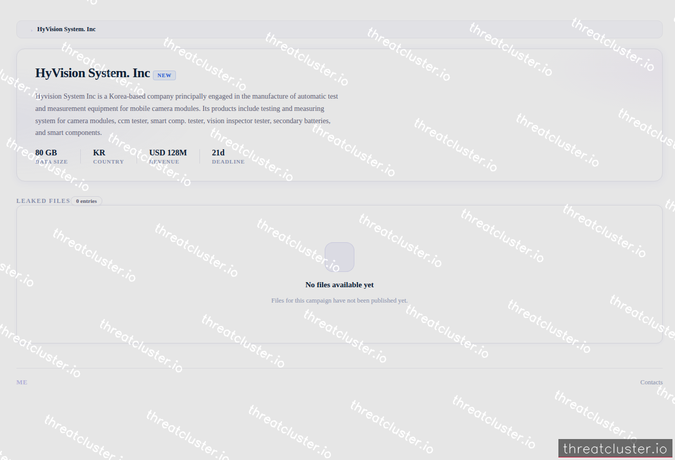 Leak-site post naming HyVision System. Inc, captured by ThreatCluster