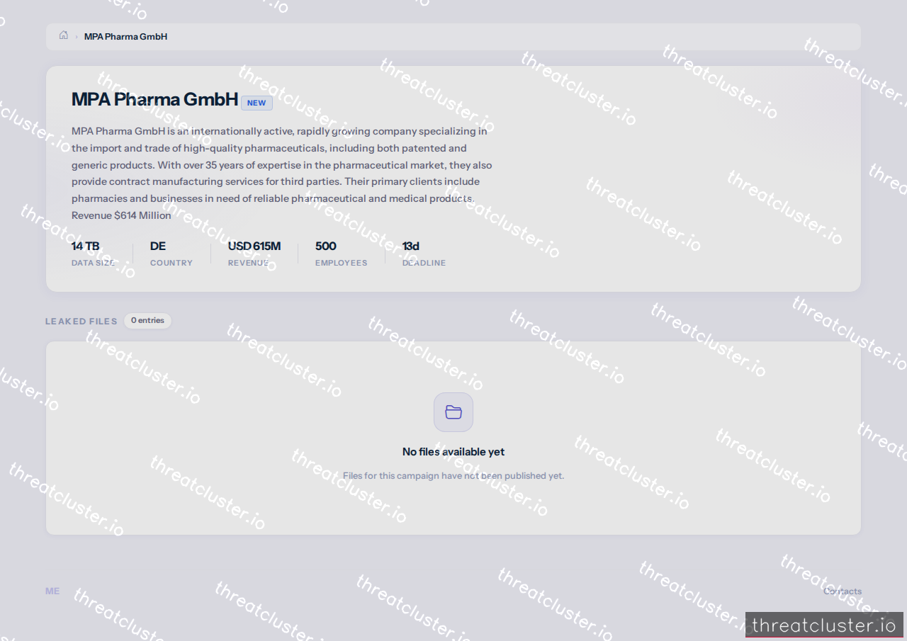 Leak-site post naming MPA Pharma GmbH, captured by ThreatCluster