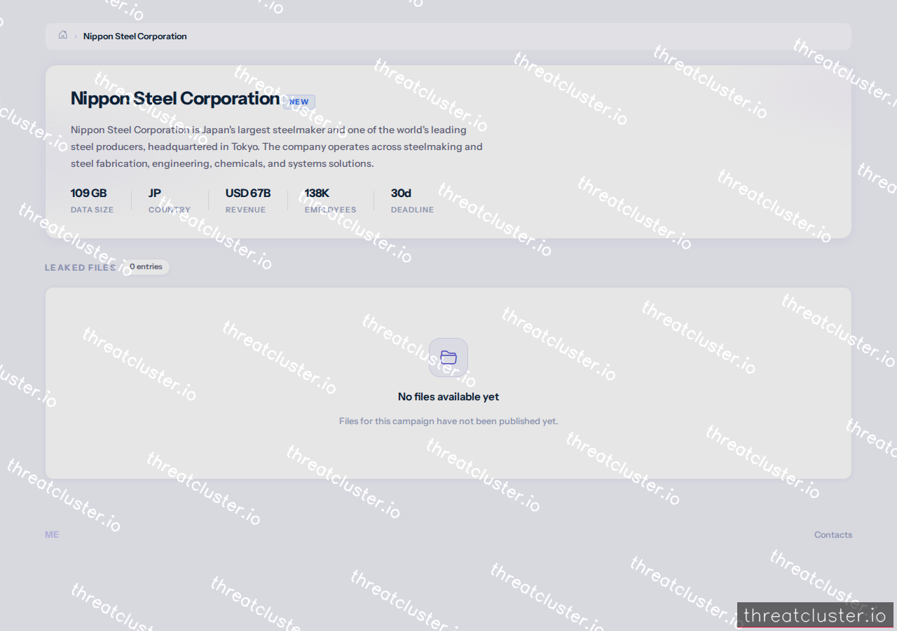 Leak-site post naming Nippon Steel Corporation, captured by ThreatCluster