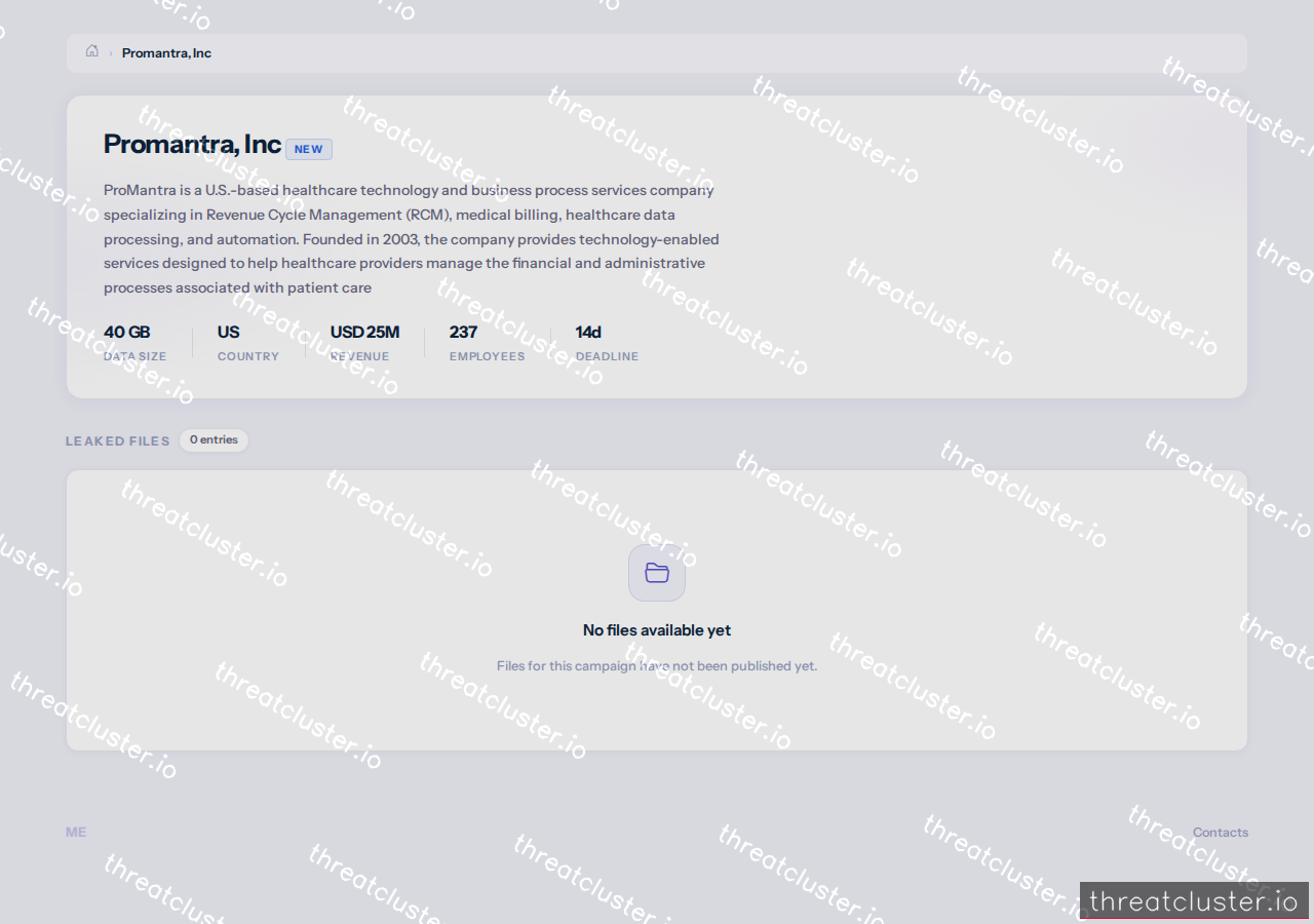 Leak-site post naming Promantra, Inc, captured by ThreatCluster
