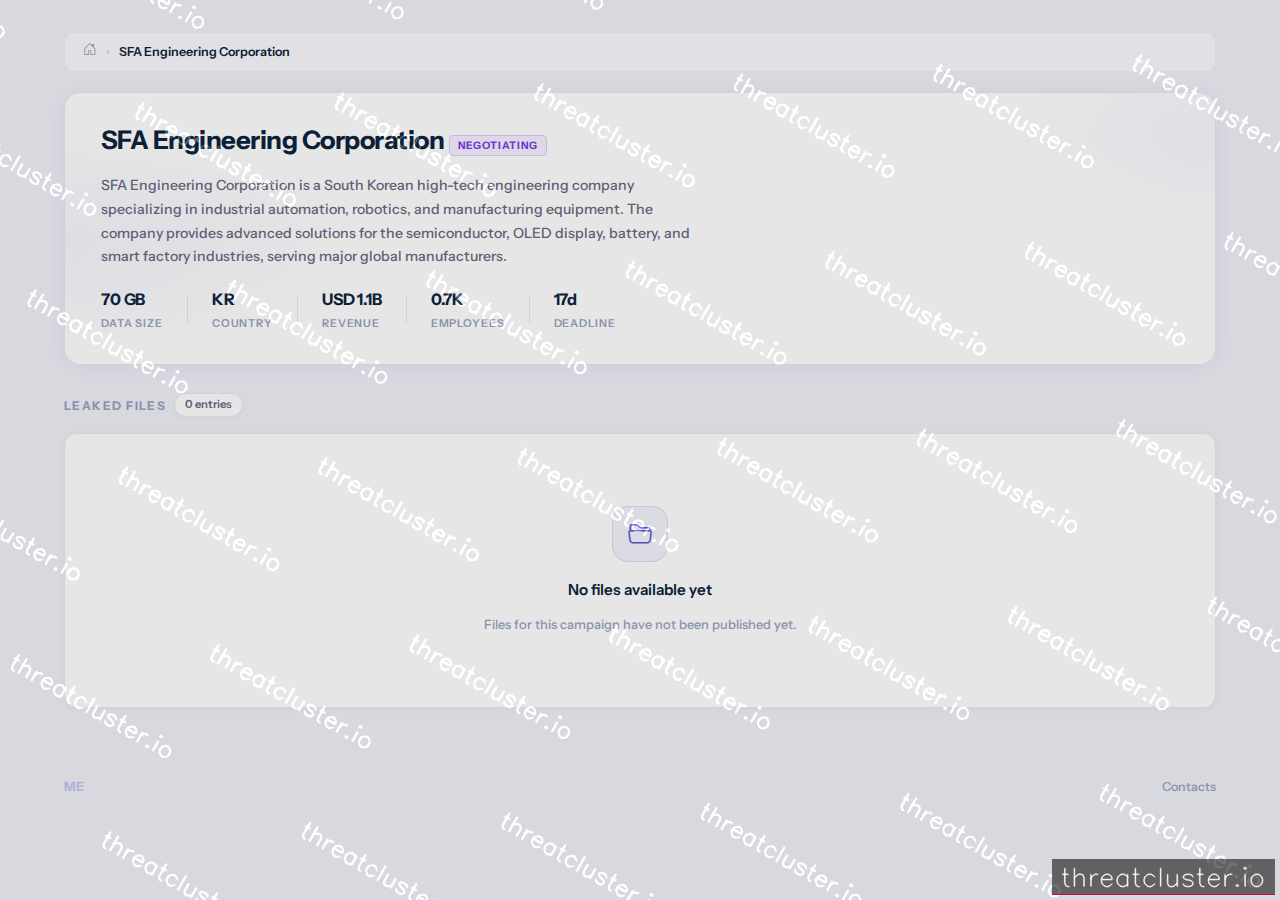 Leak-site post naming SFA Engineering Corporation, captured by ThreatCluster