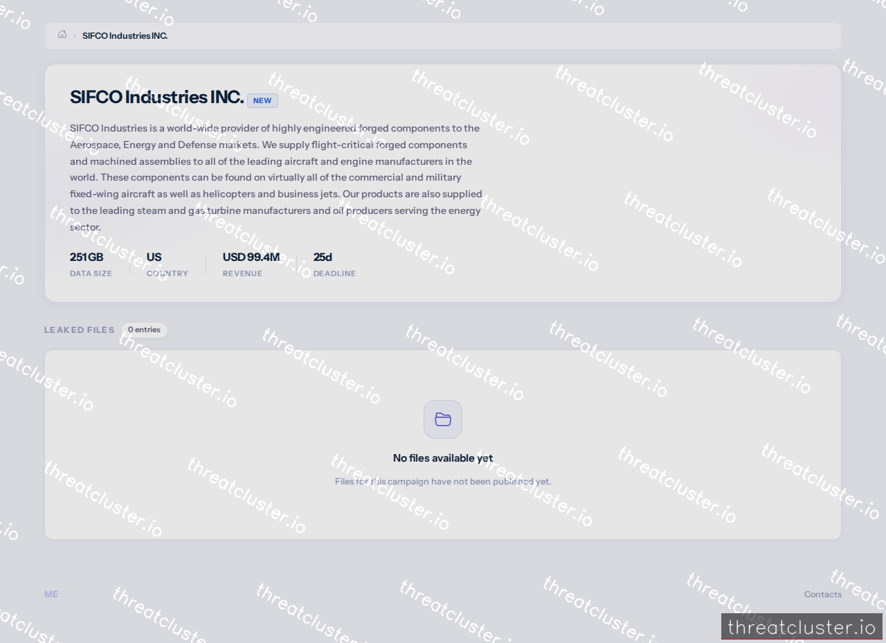 Leak-site post naming SIFCO Industries INC., captured by ThreatCluster