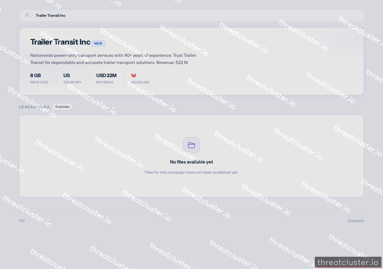 Leak-site post naming Trailer Transit Inc, captured by ThreatCluster