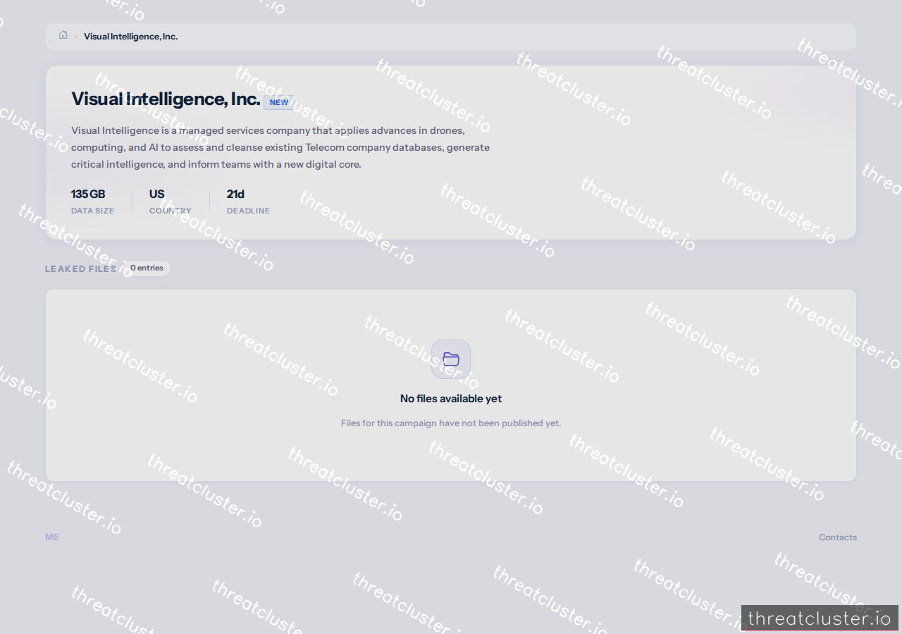 Leak-site post naming Visual Intelligence, Inc., captured by ThreatCluster