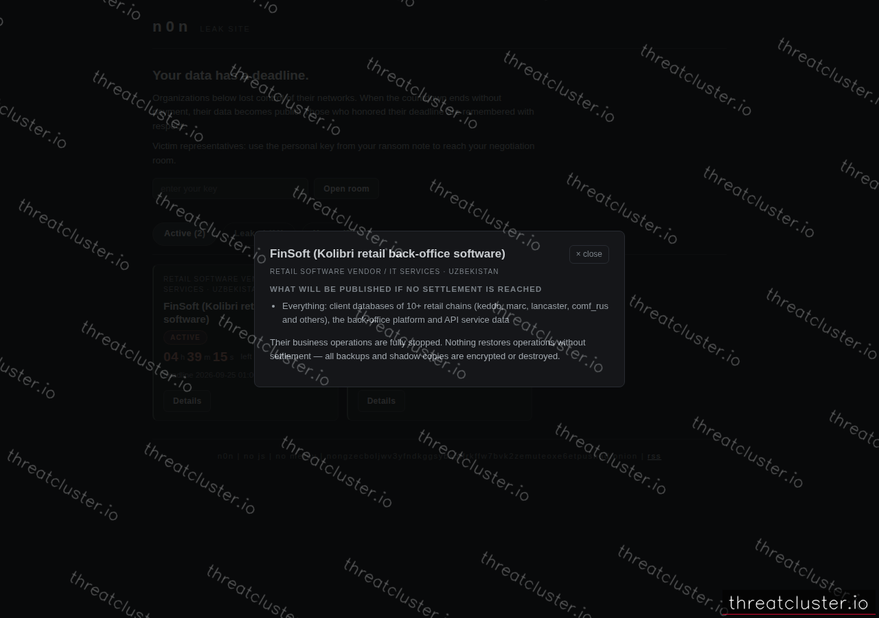 Leak-site post naming FinSoft (Kolibri retail back-office software), captured by ThreatCluster