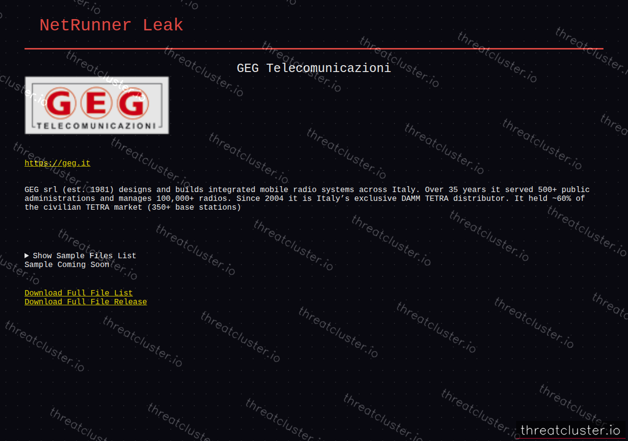 Leak-site post naming GEG Telecomunicazioni, captured by ThreatCluster