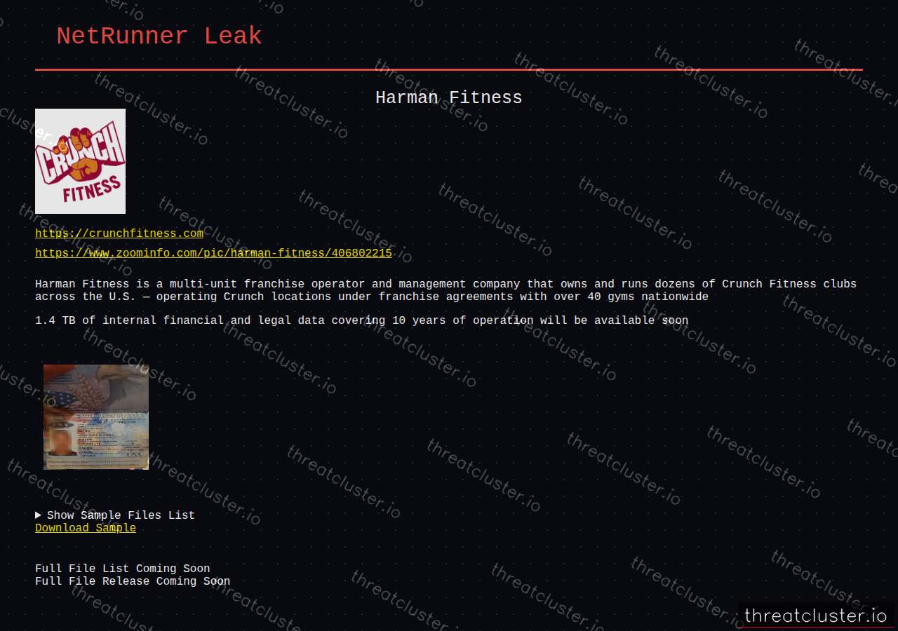 Leak-site post naming Harman Fitness, captured by ThreatCluster