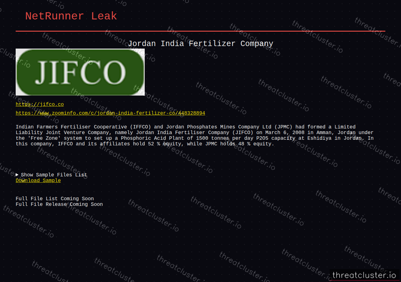 Leak-site post naming Jordan India Fertilizer Company, captured by ThreatCluster