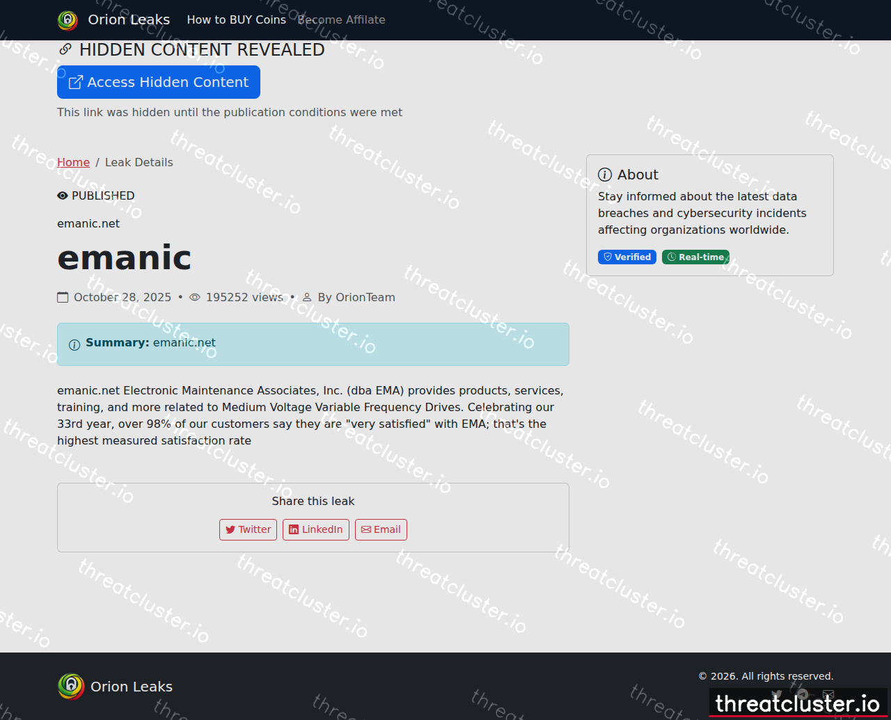 Leak-site post naming emanic.net, captured by ThreatCluster