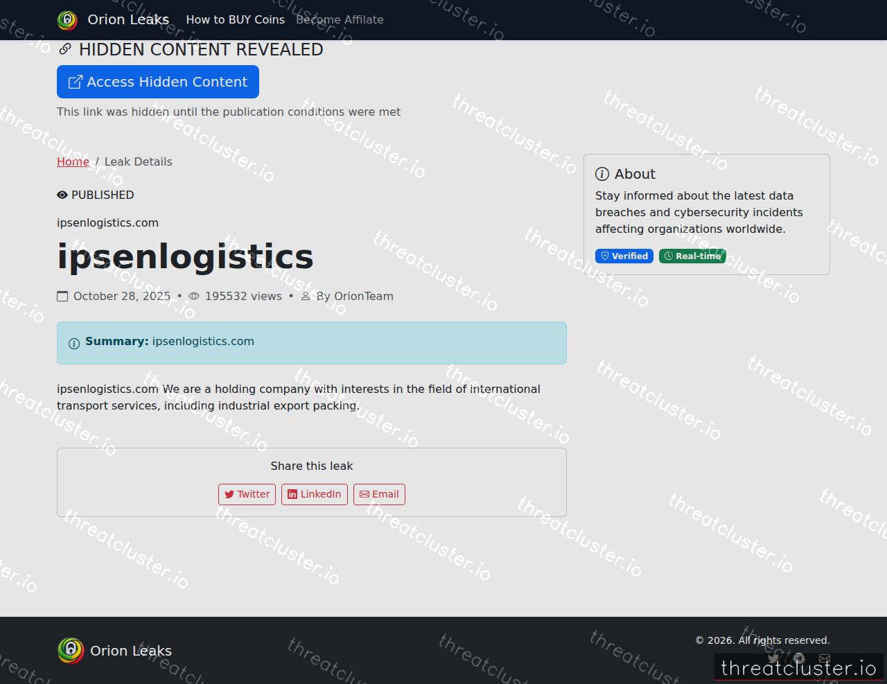 Leak-site post naming ipsenlogistics.com, captured by ThreatCluster