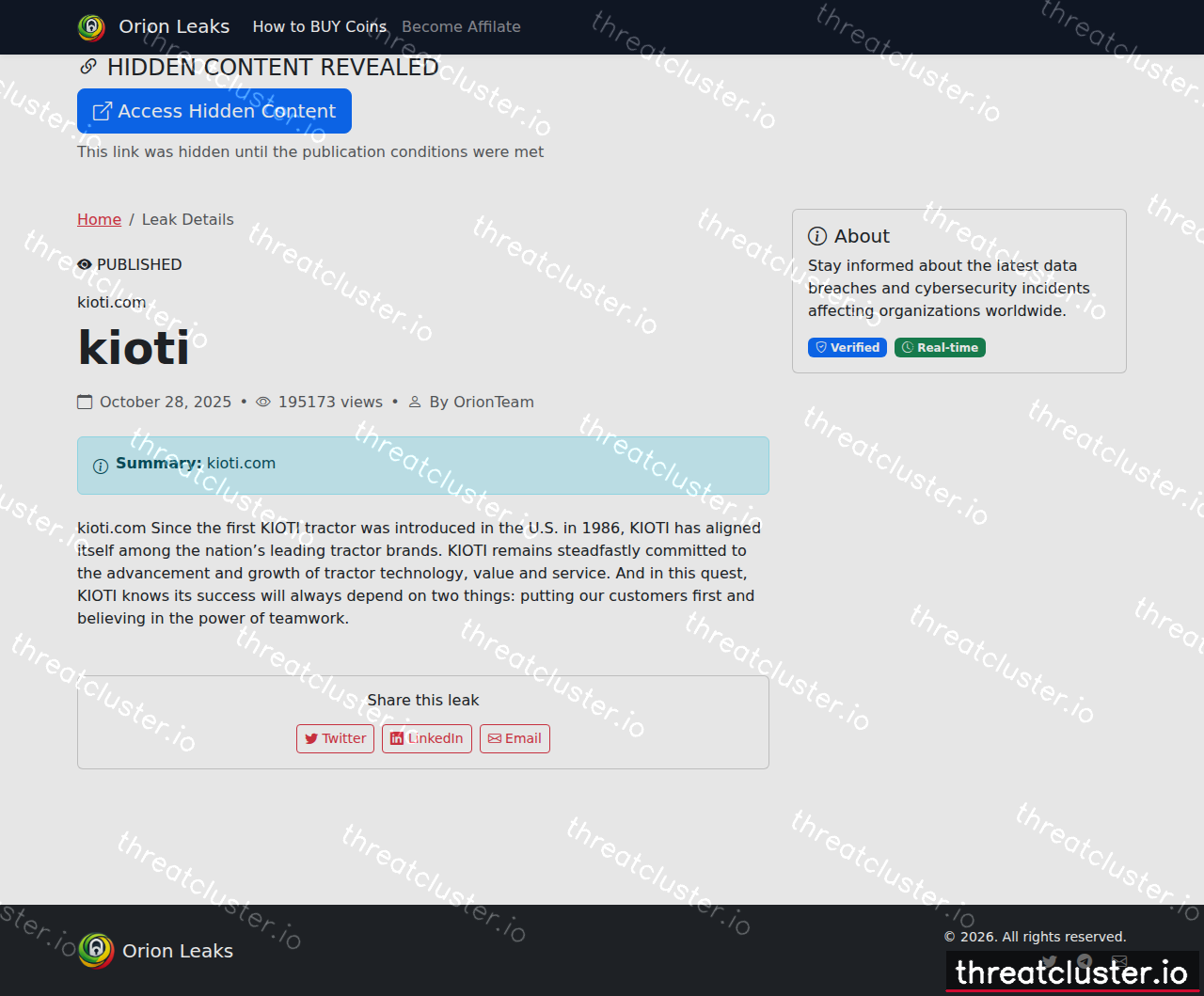 Leak-site post naming kioti.com, captured by ThreatCluster