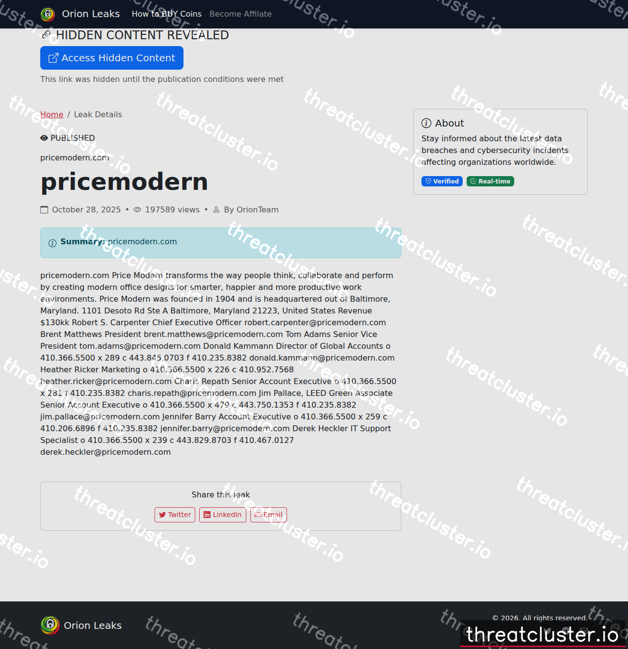 Leak-site post naming pricemodern.com, captured by ThreatCluster