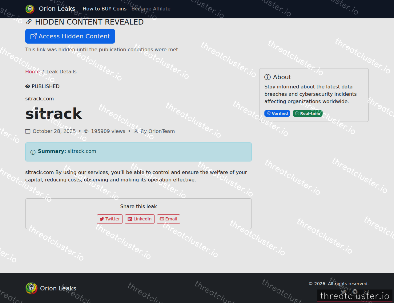 Leak-site post naming sitrack.com, captured by ThreatCluster