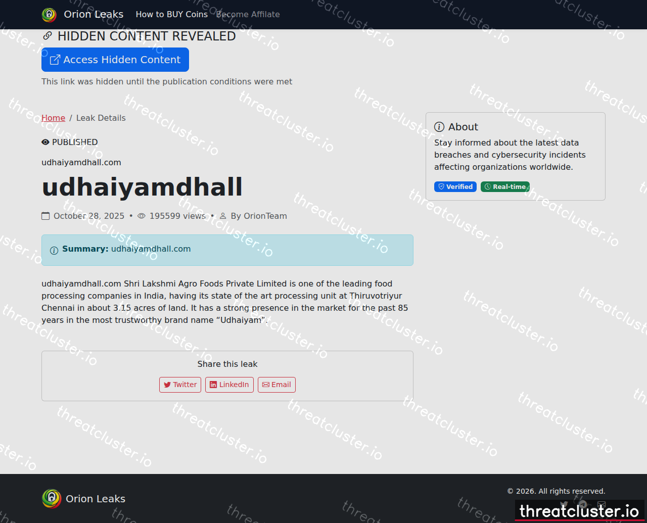 Leak-site post naming udhaiyamdhall.com, captured by ThreatCluster