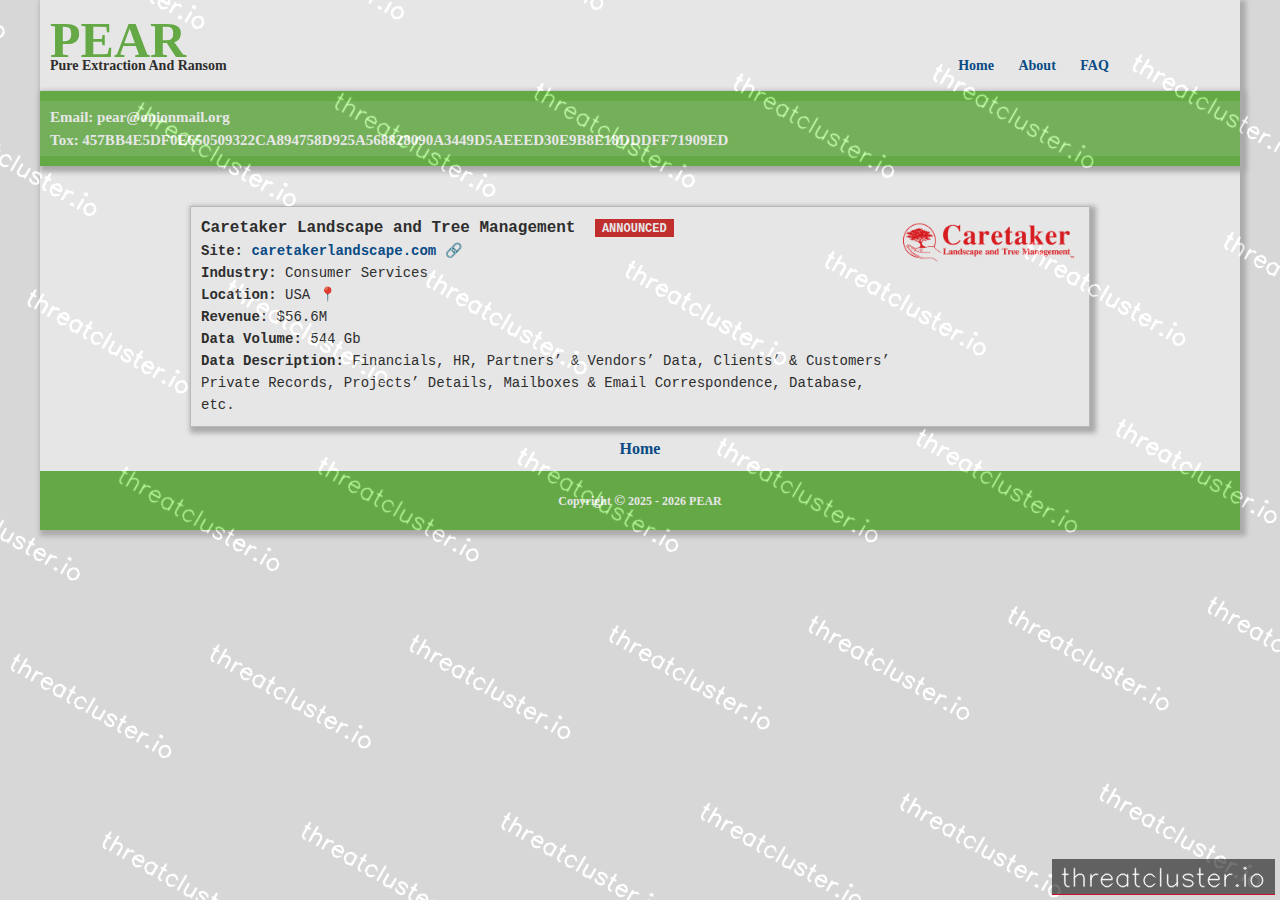 Leak-site post naming Caretaker Landscape and Tree Management, captured by ThreatCluster