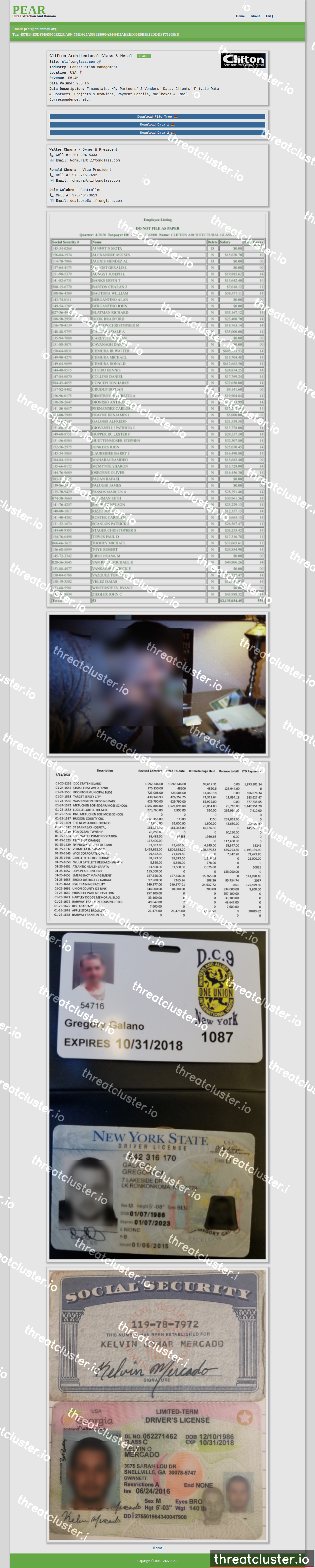 Leak-site post naming Clifton Architectural Glass & Metal, captured by ThreatCluster