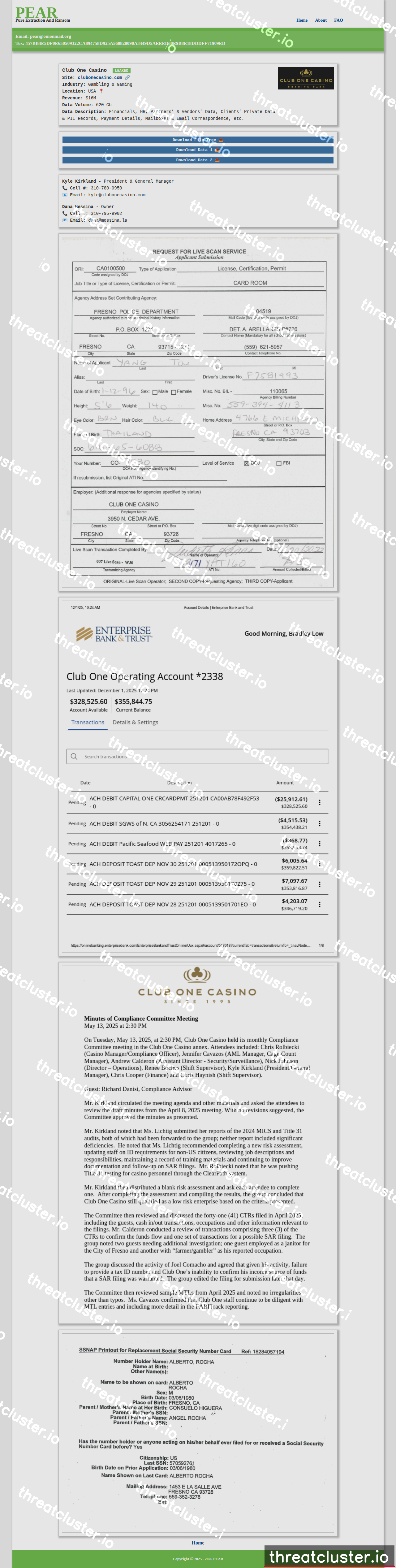 Leak-site post naming Club One Casino, captured by ThreatCluster
