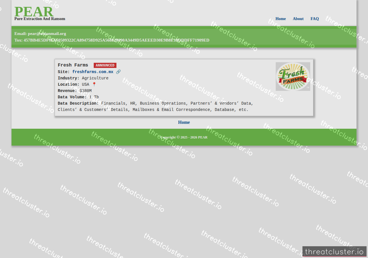Leak-site post naming Fresh Farms, captured by ThreatCluster