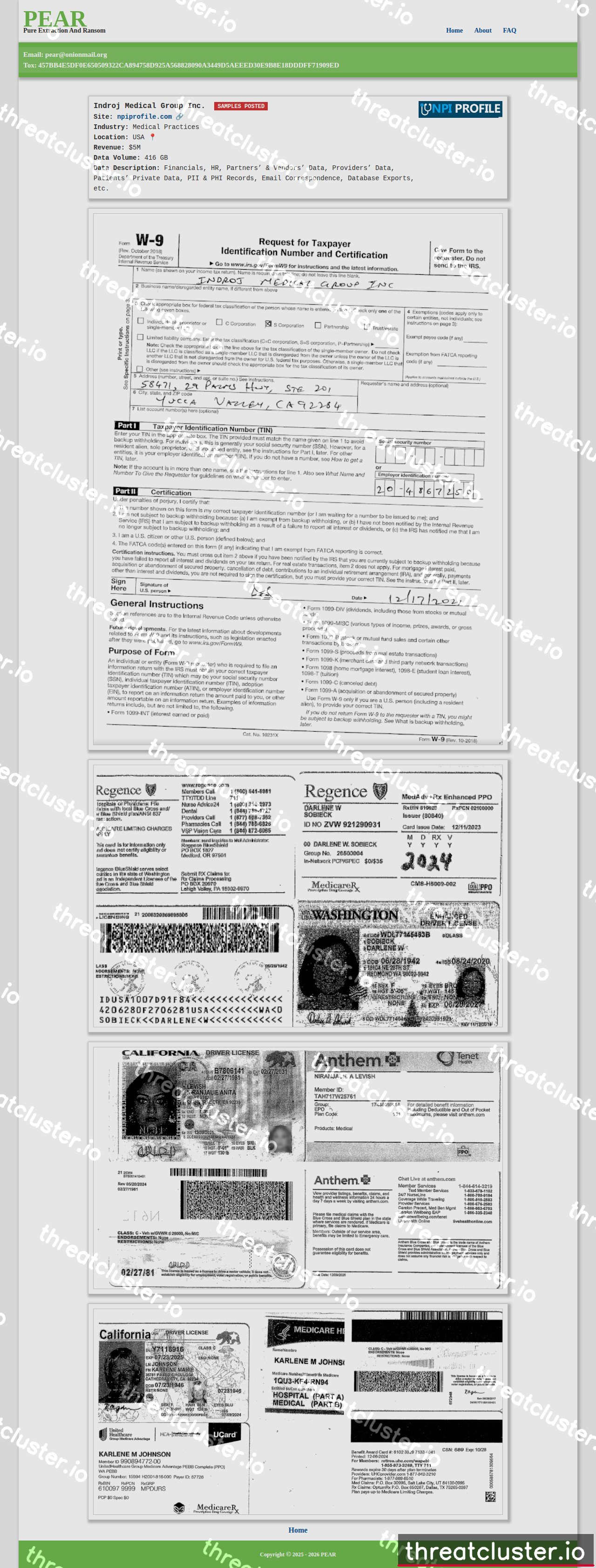 Leak-site post naming Indroj Medical Group Inc., captured by ThreatCluster