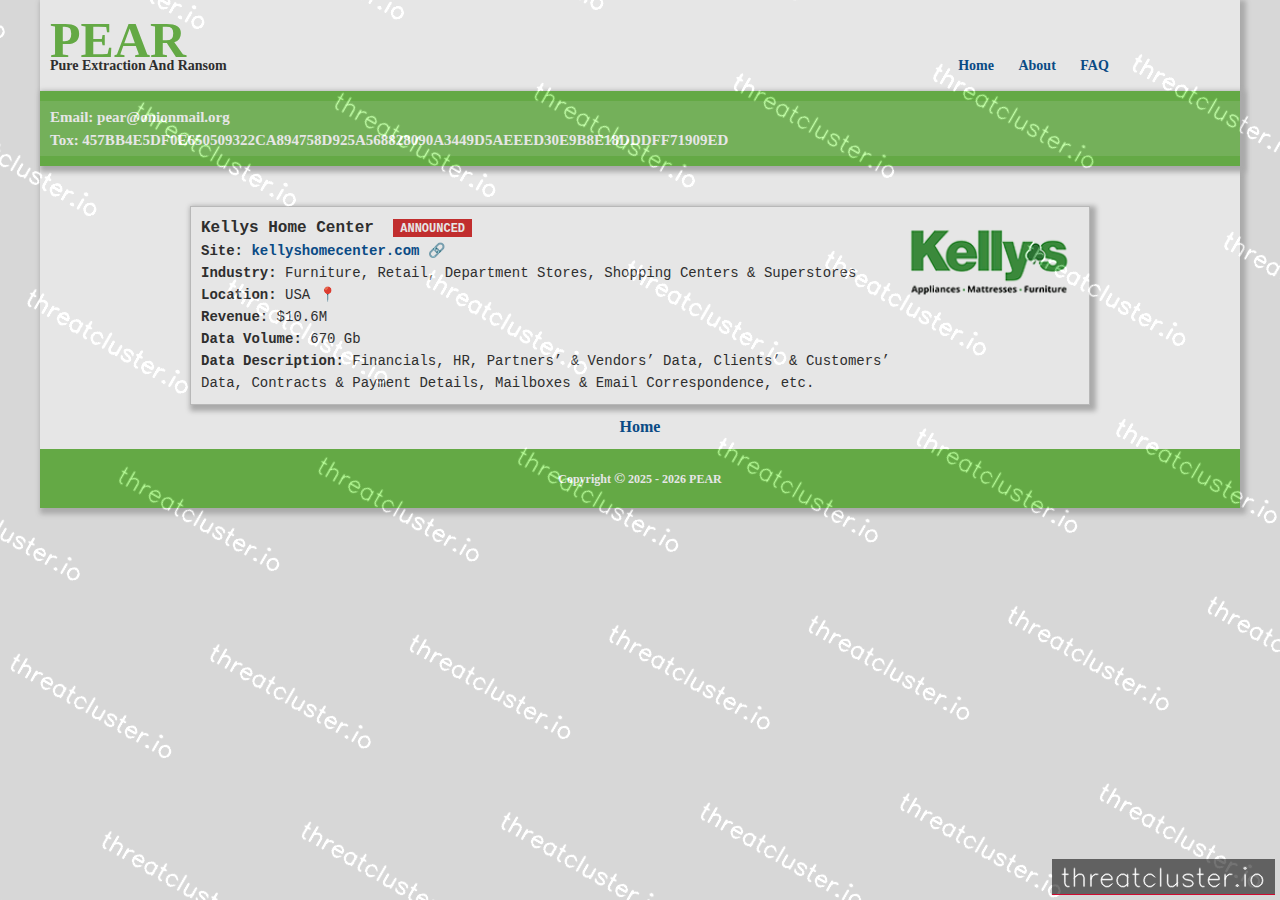 Leak-site post naming Kellys Home Center, captured by ThreatCluster