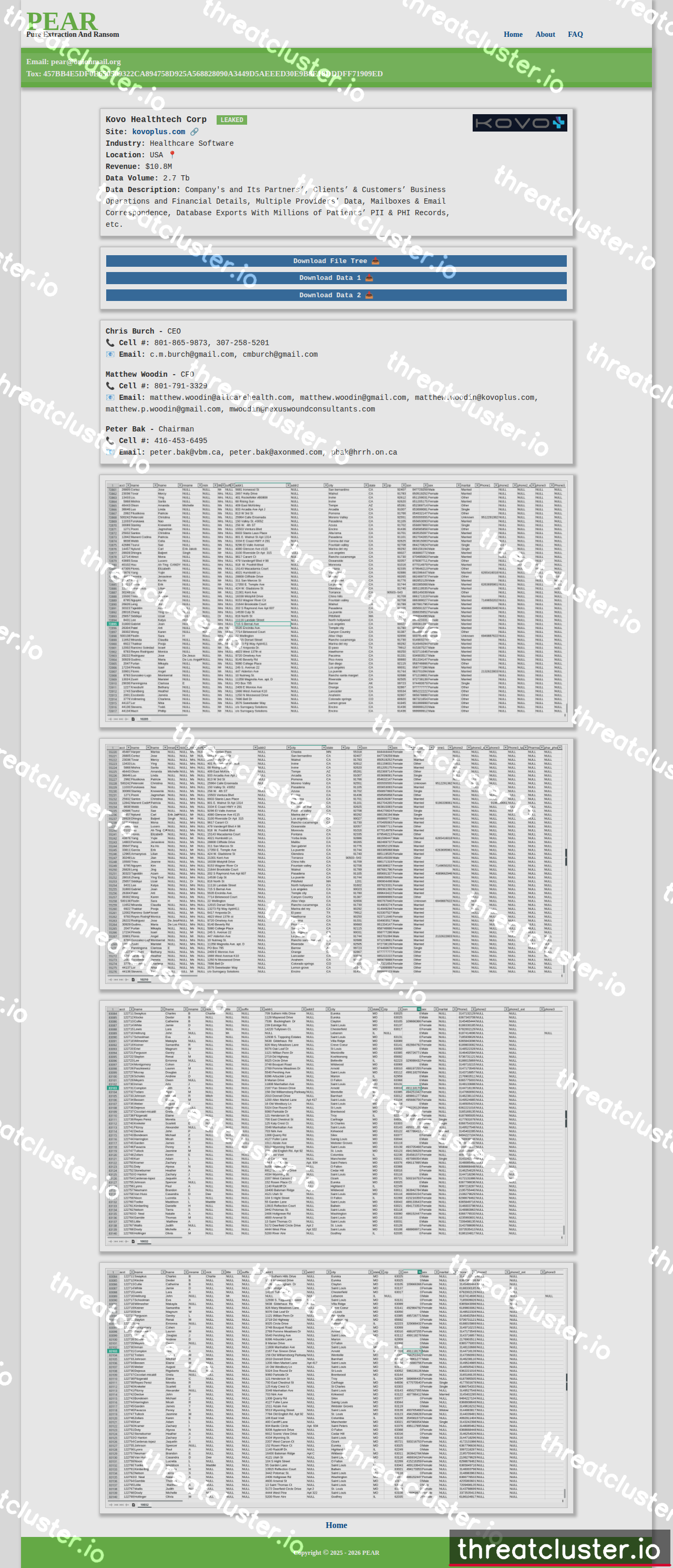 Leak-site post naming Kovo Healthtech Corp, captured by ThreatCluster