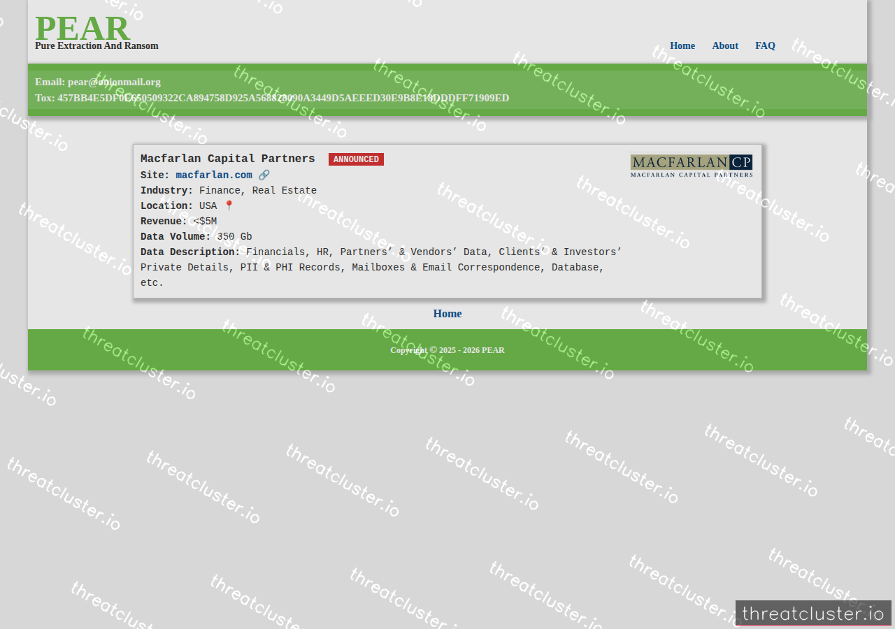 Leak-site post naming Macfarlan Capital Partners, captured by ThreatCluster