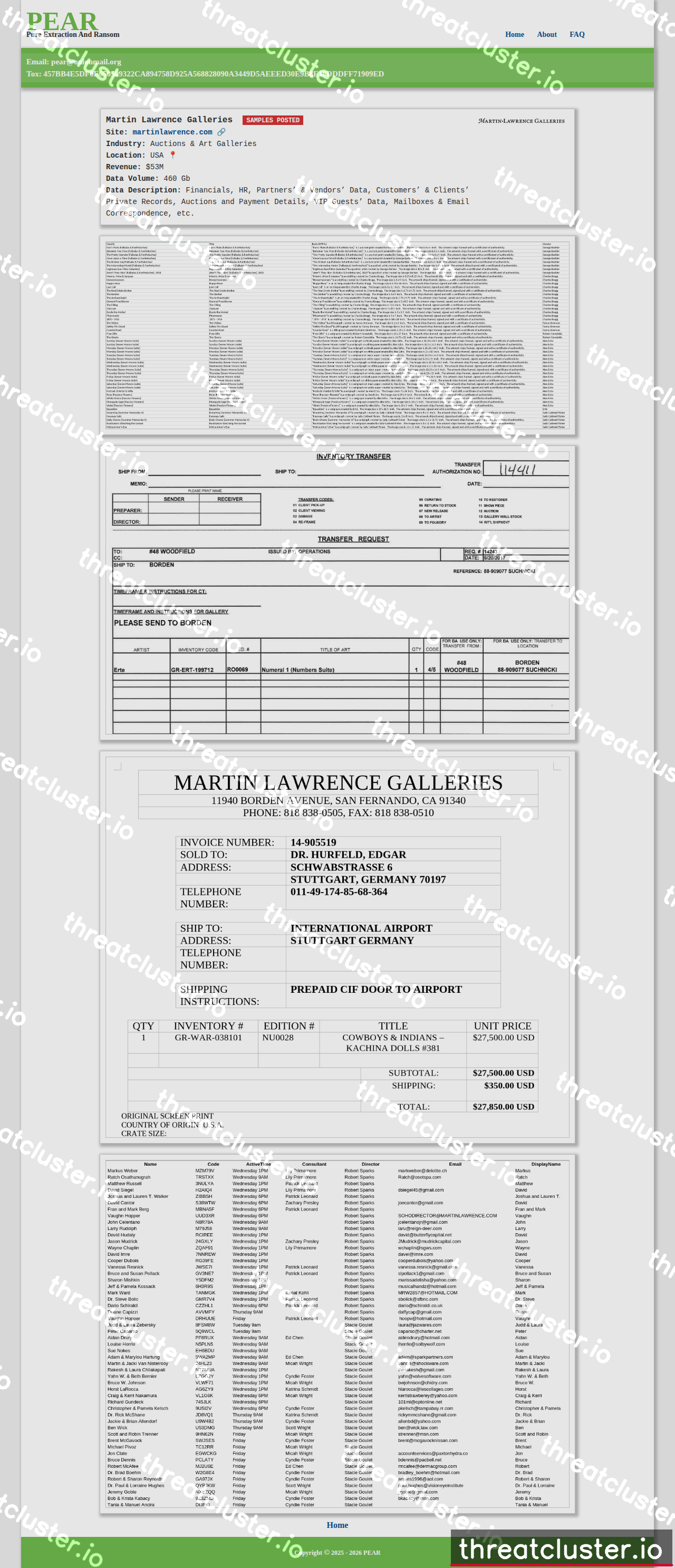 Leak-site post naming Martin Lawrence Galleries, captured by ThreatCluster