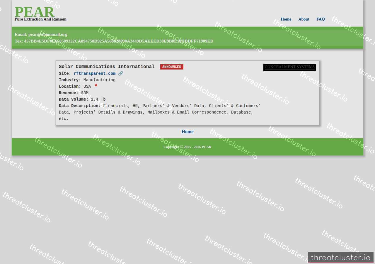 Leak-site post naming Solar Communications International, captured by ThreatCluster