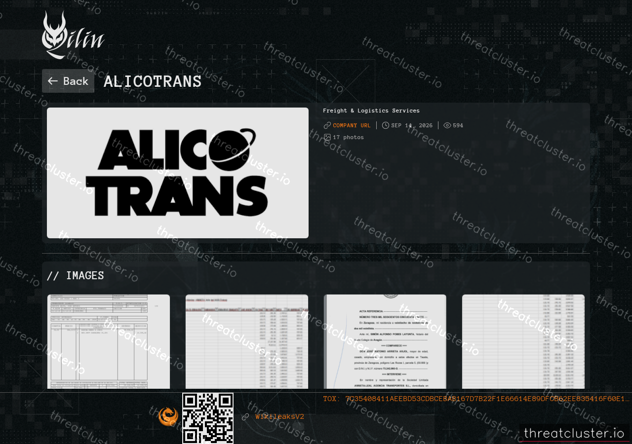 Leak-site post naming Alicotrans, captured by ThreatCluster