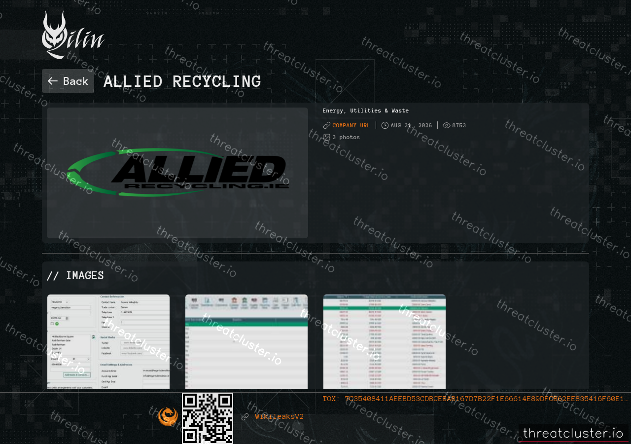 Leak-site post naming Allied Recycling, captured by ThreatCluster
