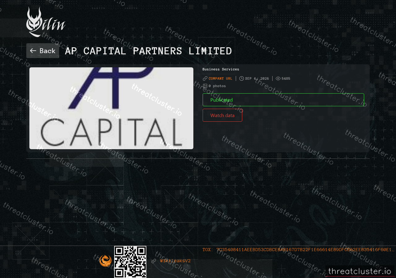 Leak-site post naming AP CAPITAL PARTNERS LIMITED, captured by ThreatCluster