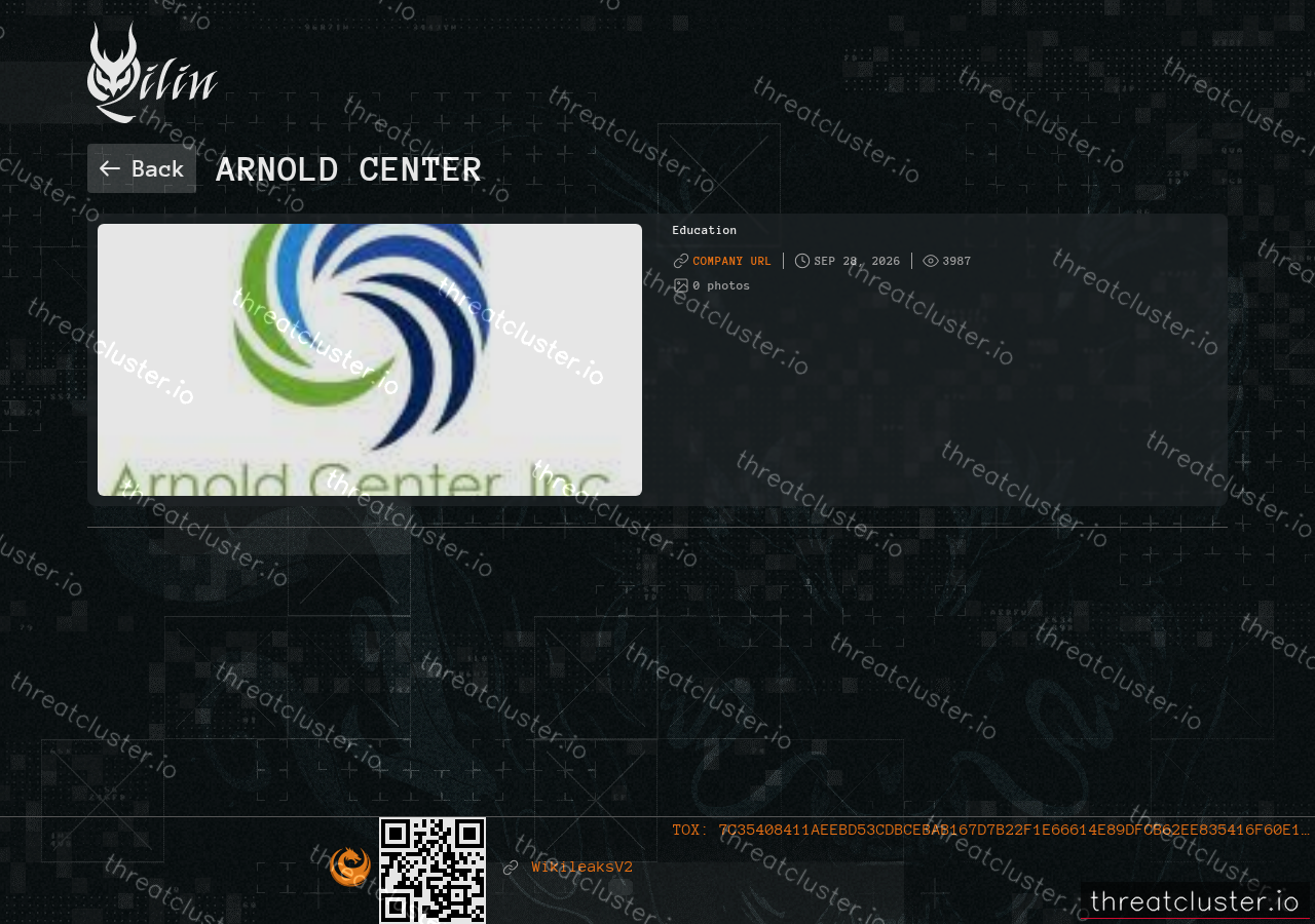 Leak-site post naming Arnold Center, captured by ThreatCluster