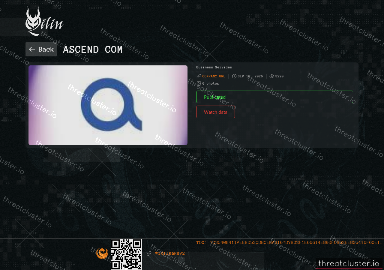 Leak-site post naming Ascend Com, captured by ThreatCluster