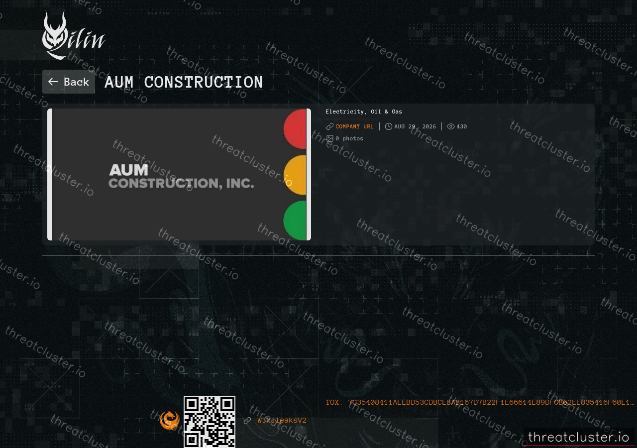 Leak-site post naming AUM Construction, captured by ThreatCluster
