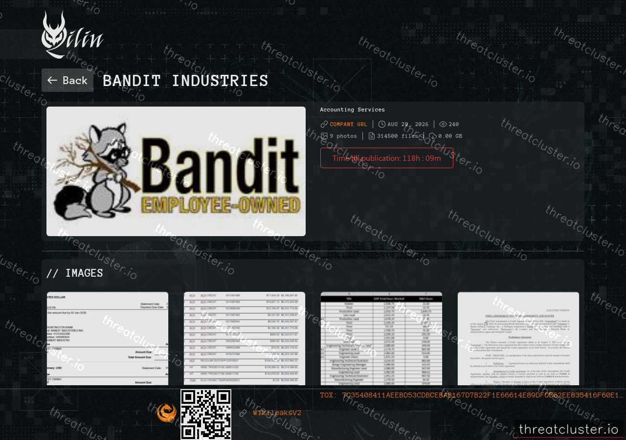 Leak-site post naming Bandit Industries, captured by ThreatCluster