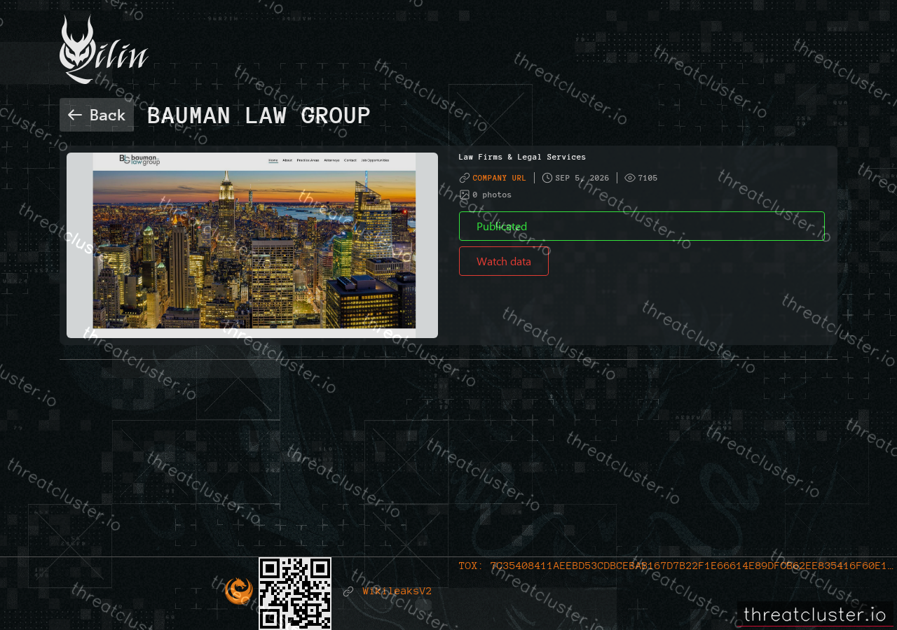 Leak-site post naming Bauman Law Group, captured by ThreatCluster