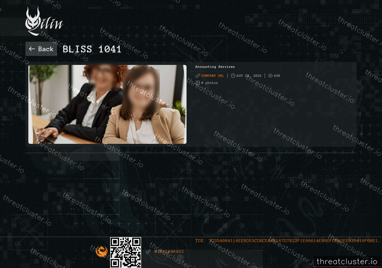 Leak-site post naming BLISS 1041, captured by ThreatCluster