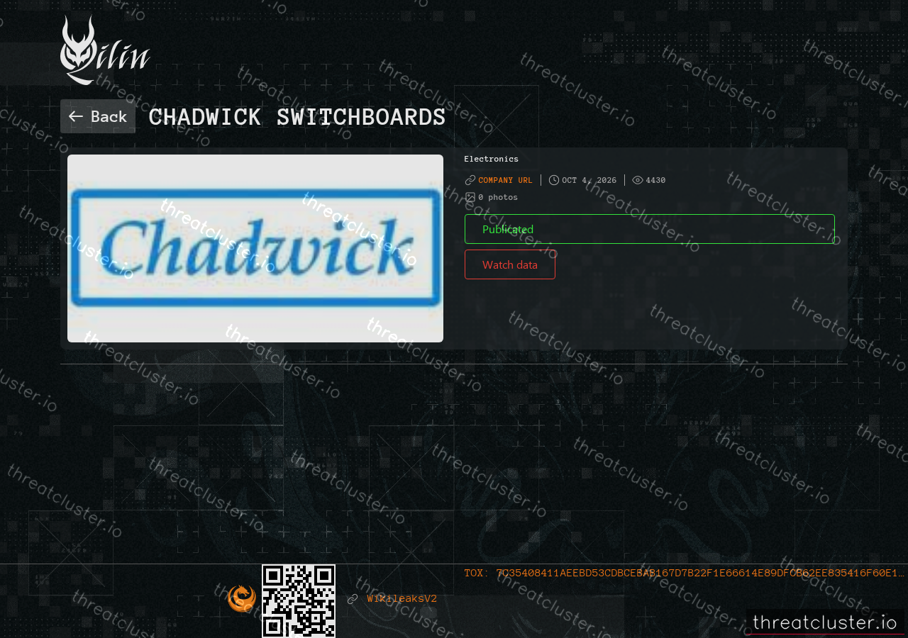 Leak-site post naming Chadwick Switchboards, captured by ThreatCluster